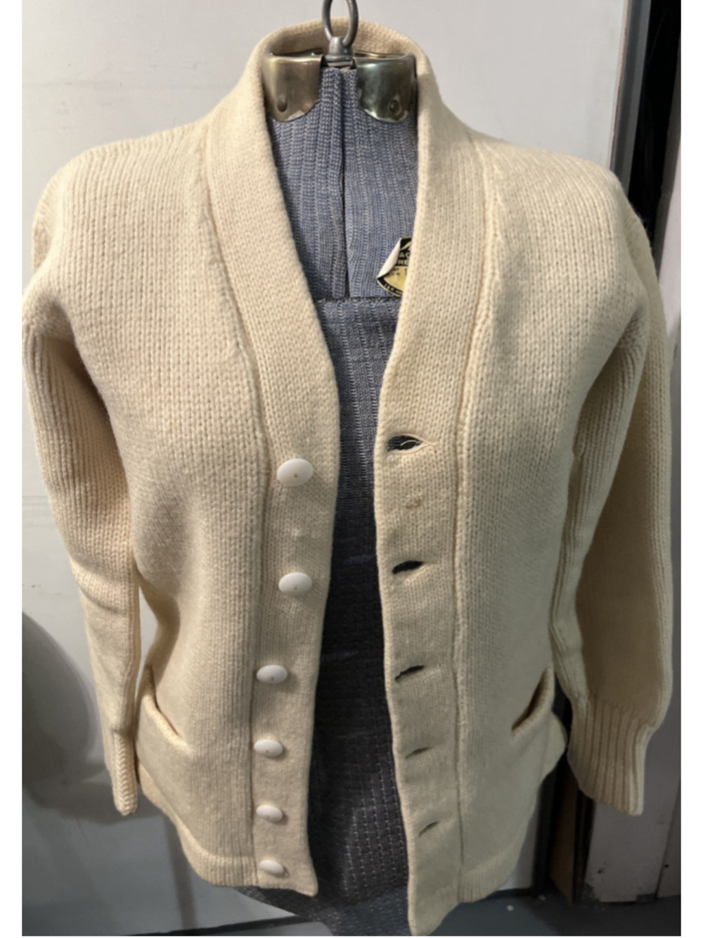 Vintage 40s 50s AE Alling Heavy Wool Letterman Cardigan Sweater Cream Ivory Med